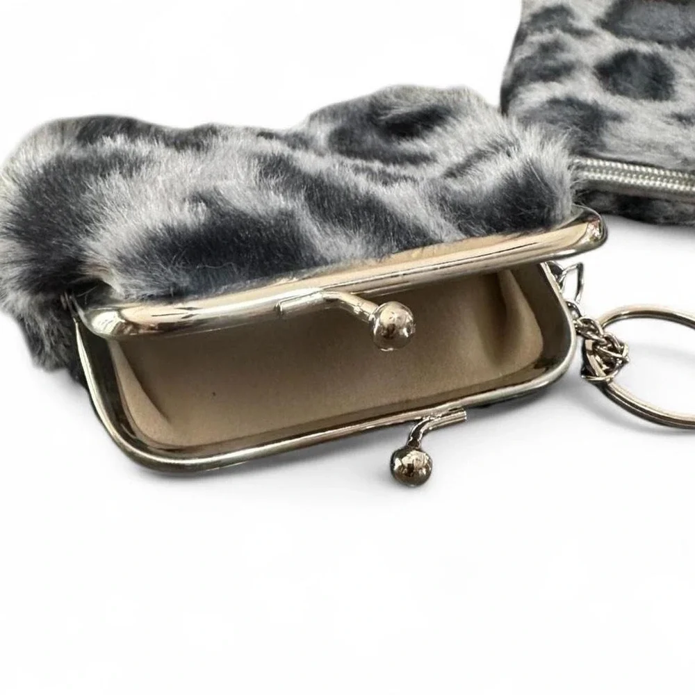 NWOT Fuzzy Animal Print Keychains with Gray Base & Silver Hardware